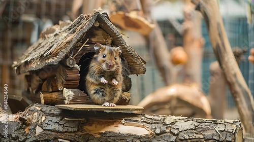 The djungarian hamster is on the wooden house in the cage photo