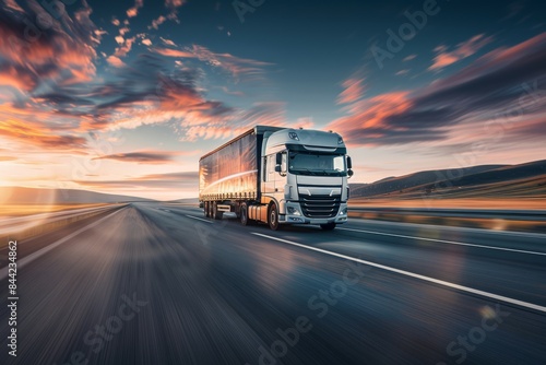 Fully Loaded Cargo Truck Speeding Along a Highway at Sunrise