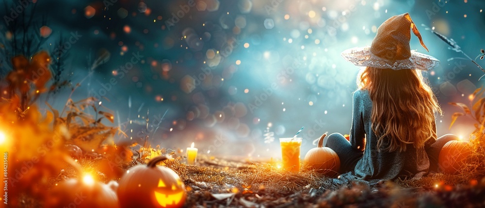 Halloween witch enjoying an orange beverage, surrounded by pumpkins and eerie candlelight 8K , high-resolution, ultra HD,up32K HD Halloween witch enjoying an orange beverage, surrounded by pumpkins and eerie candlelight 8K , high-resolution, ultra HD,up32K HD