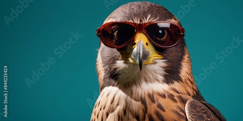 Falcon with Sunglasses on a Solid Background, Featuring Ample Copy Space
