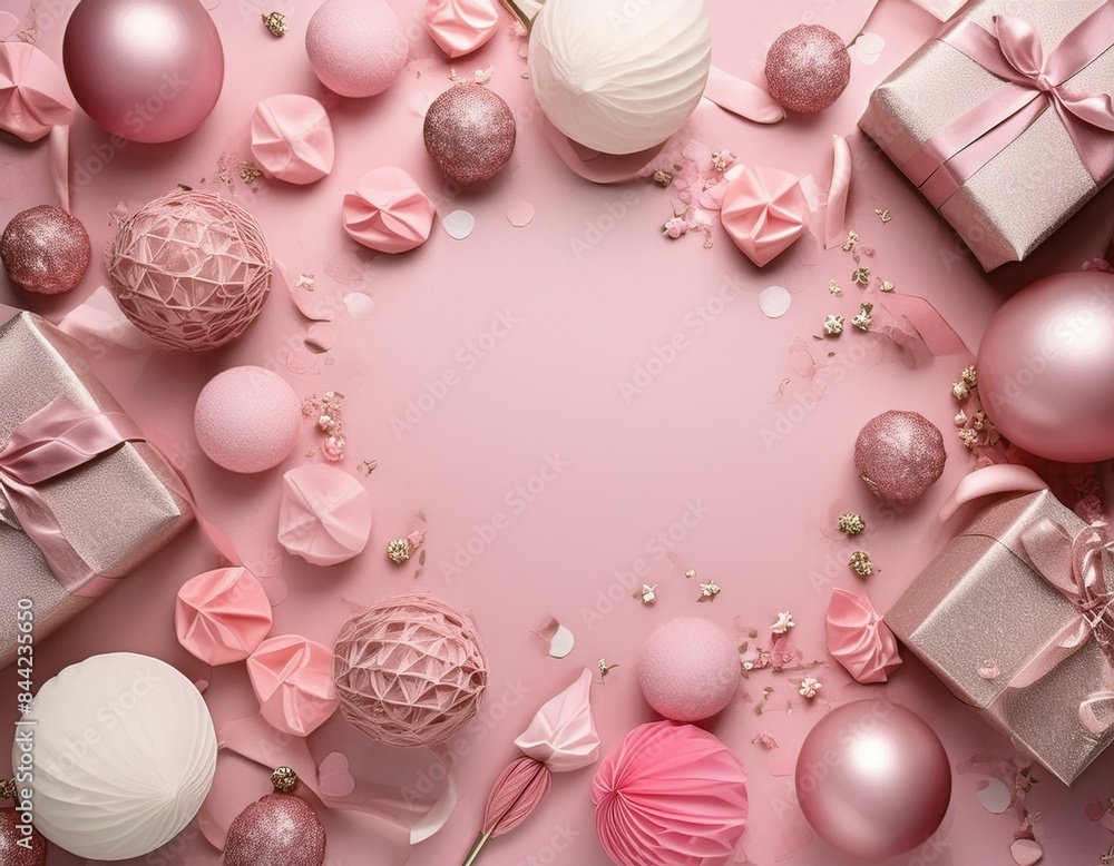 Top view image of party and birthday item on pink background with space for copy Top view image of party and birthday item on pink background with space for copy