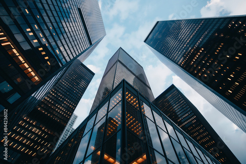 Modern office building in a downtown city with glass skyscrapers reflecting perspective ant eye view