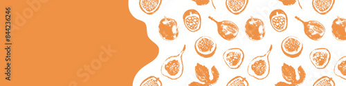 Passion fruit seamless pattern. Vector passion fruit background. Tropical banner template with hand drawn granadilla pattern. Exotic fruits.