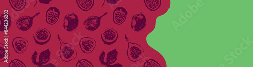 Passion fruit seamless pattern. Vector passion fruit background. Tropical banner template with hand drawn granadilla pattern. Exotic fruits.