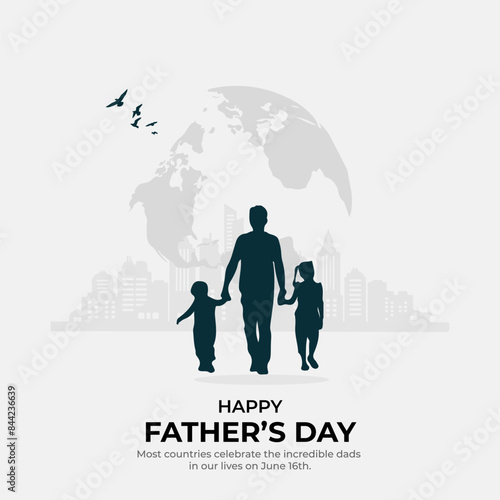 Father's day vector illustration, design element for greeting card, poster, banner and flyer. Happy Father's Day with dad and children silhouettes. Vector greeting card with a nice message of Father's