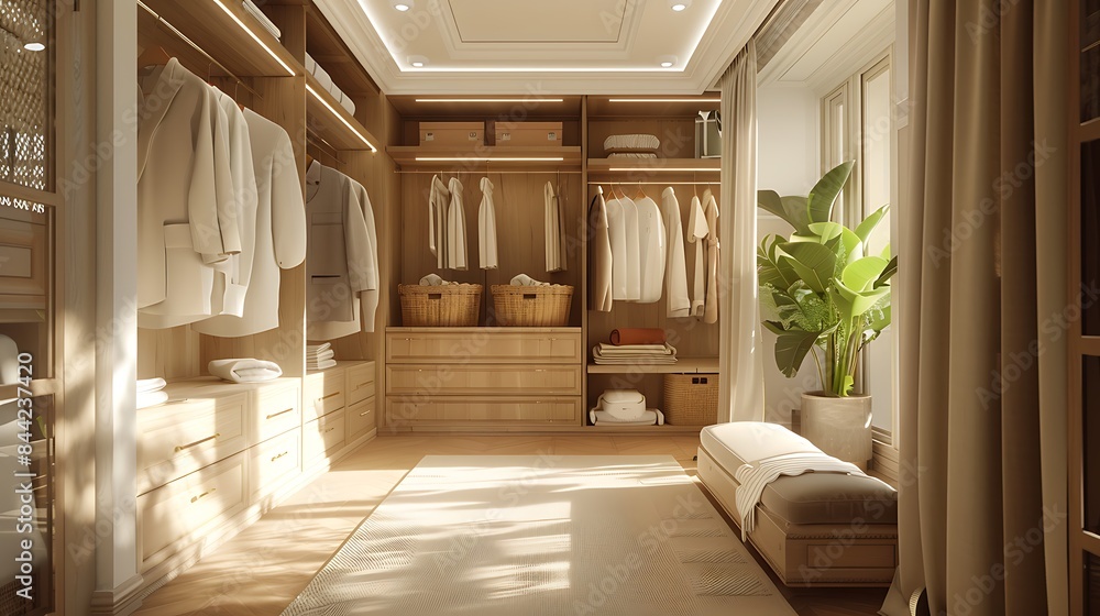 Elegant walk-in closet interior with organized storage spaces in a ...