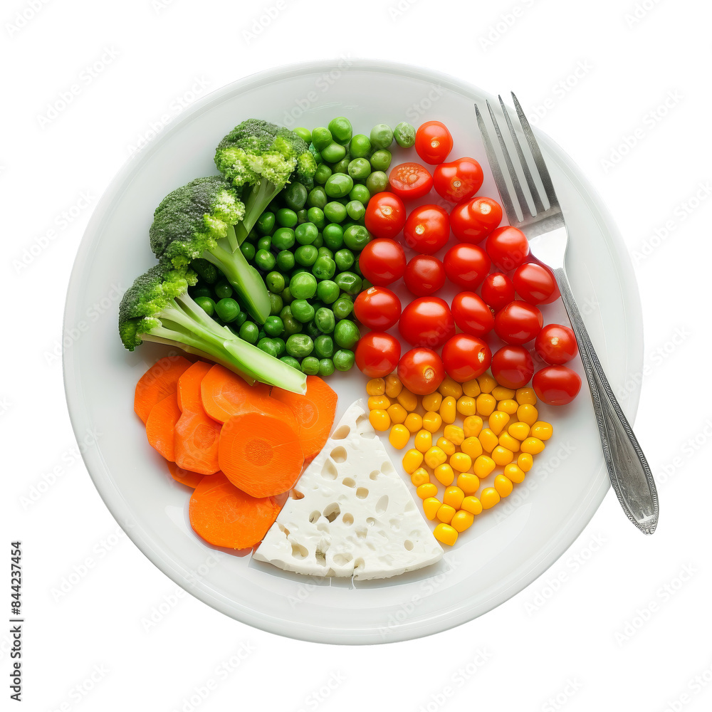 Colorful plate of vegetables with broccoli, peas, cherry tomatoes, carrots, corn, and a piece of cheese isolated white background, transparent background. Colorful plate of vegetables with broccoli, peas, cherry tomatoes, carrots, corn, and a piece of cheese isolated white background, transparent background.