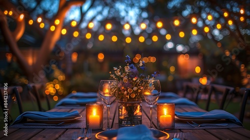 Elegant outdoor dining table set with candles and flowers under a canopy of twinkling string lights at dusk  photo