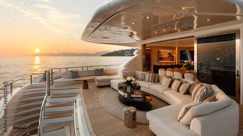 Luxurious yacht interior featuring elegant furniture and a beautiful sunset view over the sea horizon. 