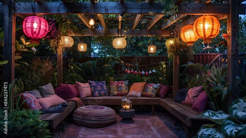 Cozy outdoor patio illuminated by colorful paper lanterns at twilight. 