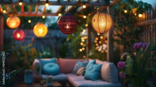 Cozy outdoor patio illuminated by colorful hanging lanterns at dusk  creating a warm and inviting atmosphere. 