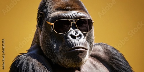 Chimpanzee with Sunglasses on a Solid Background, Featuring Ample Copy Space 