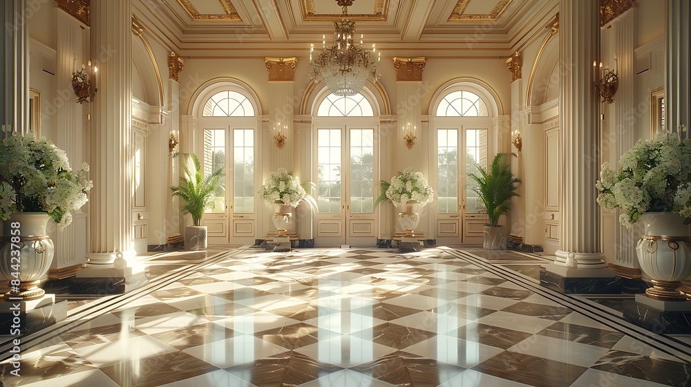 Fototapeta premium Luxurious grand hall with marble floor, large windows, and opulent decor bathed in natural light.