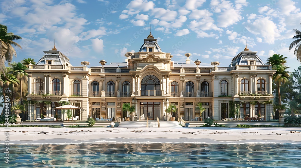 An opulent beachfront mansion bathed in golden sunlight, reflecting luxury and grandeur against a backdrop of palm trees and clear blue skies. 