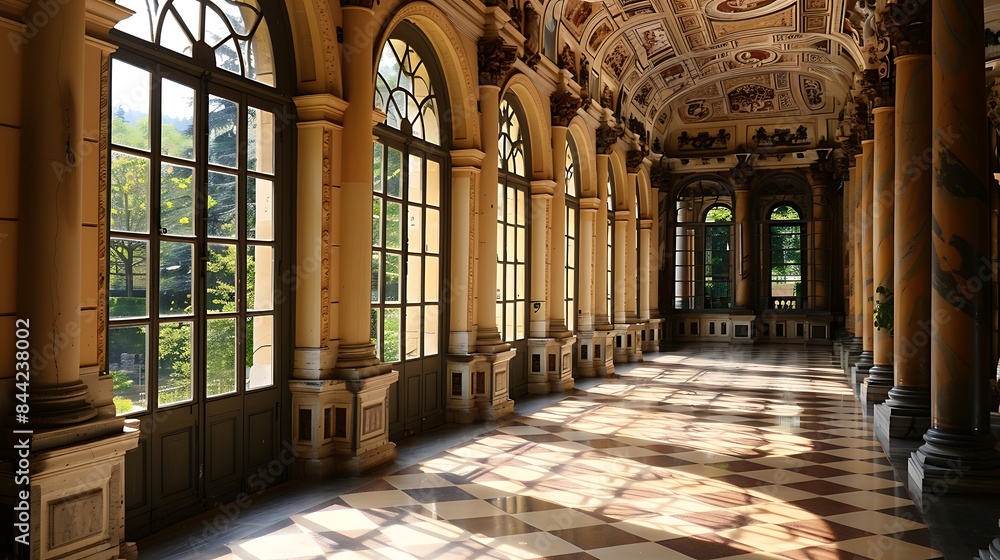 Obraz premium Elegant interior of a historic building bathed in natural sunlight with large arched windows and ornate ceiling details