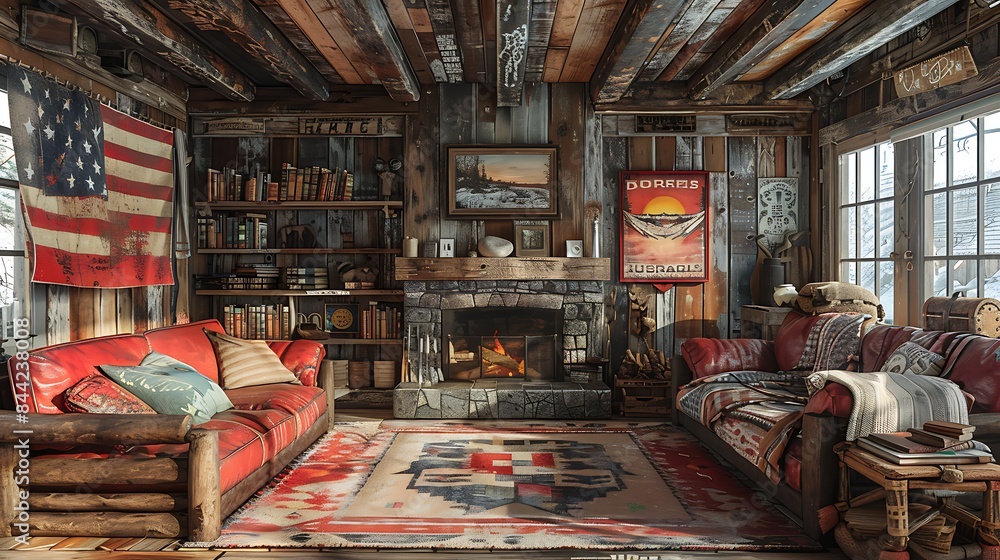 Obraz premium Cozy rustic cabin interior with a warm fireplace, comfortable furniture, and American flag decoration, ideal for a winter retreat. 