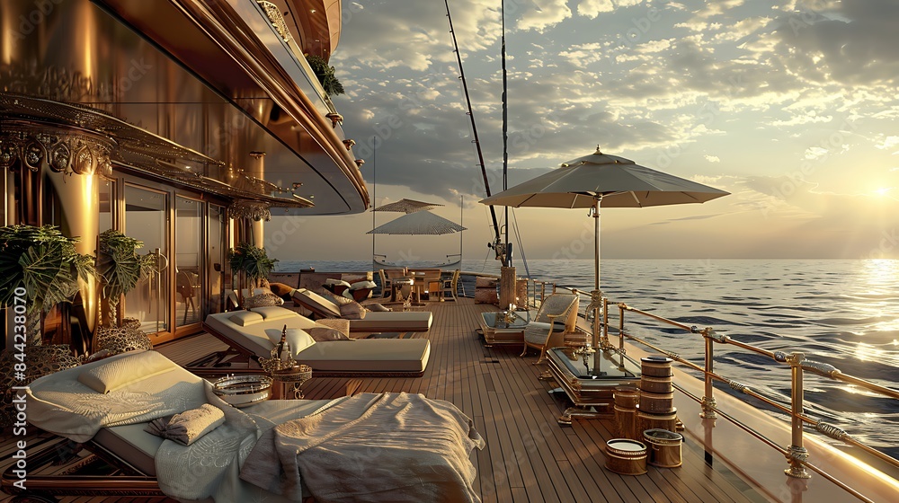 Fototapeta premium Luxurious yacht deck furnished with sun loungers and umbrellas at sunset, evoking an atmosphere of exclusive relaxation and travel. 
