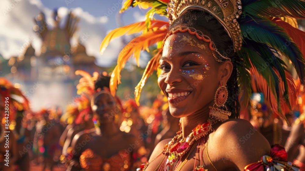 Beautiful and happy woman in colorful carnival costume dancing at caribbean carnival