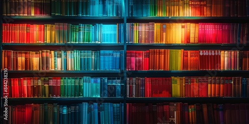 a bookshelf lined with books, books with colorful bindings on bookshelves in modern style. library wall with bright rainbow books with cozy backlight photo
