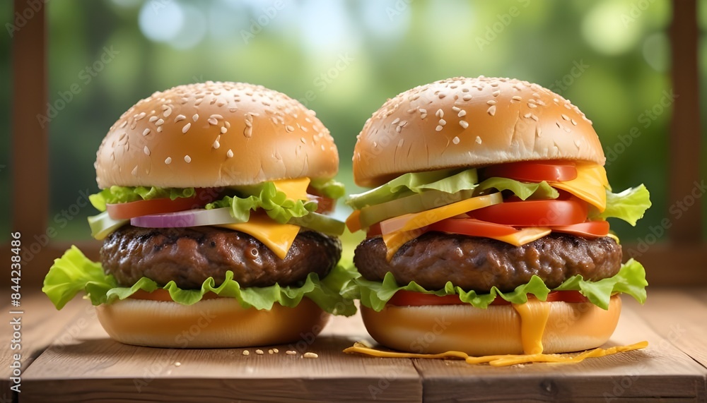 Two cheeseburgers with sesame seed buns, beef patties, cheddar cheese, lettuce , tomatoes , and other burger toppings on a wooden surface against a blurred green background Two cheeseburgers with sesame seed buns, beef patties, cheddar cheese, lettuce , tomatoes , and other burger toppings on a wooden surface against a blurred green background