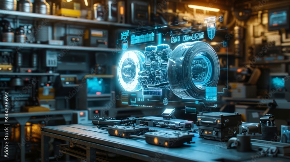 A futuristic workshop with a holographic projection of a mechanical part. The image depicts innovation and technology. A futuristic workshop with a holographic projection of a mechanical part. The image depicts innovation and technology.
