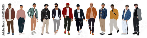 Diverse stylish men wearing modern street fashion clothes. Handsome guys in casual autumn wear. vector realistic illustrations isolated on transparent background.