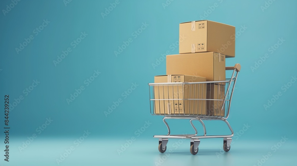 Cardboard box packages on a cart against a blue background, representing logistics and distribution services. Cardboard box packages on a cart against a blue background, representing logistics and distribution services.