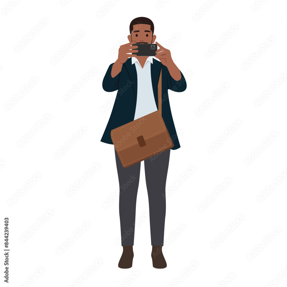 Young businessman wearing blazer using a smart phone. Taking picture with his smartphone. Flat vector illustration isolated on white background Young businessman wearing blazer using a smart phone. Taking picture with his smartphone. Flat vector illustration isolated on white background