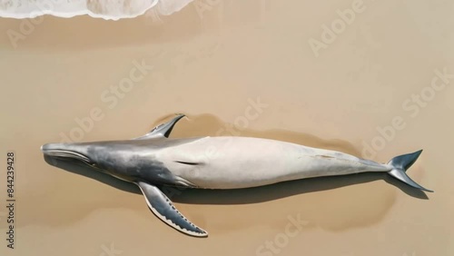 A bird's-eye view of a spade-toothed whale stranded on a beach, The World's Rarest Animals. Generative AI. photo