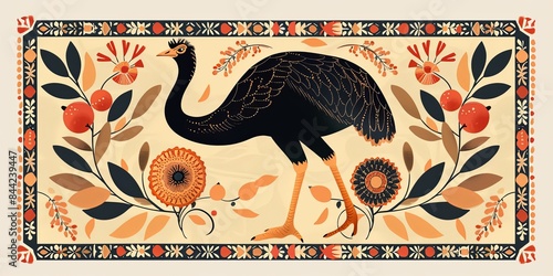 Ostrich elegantly portrayed amidst Oriental carpet pattern with olive tree. Unique illustration concept photo