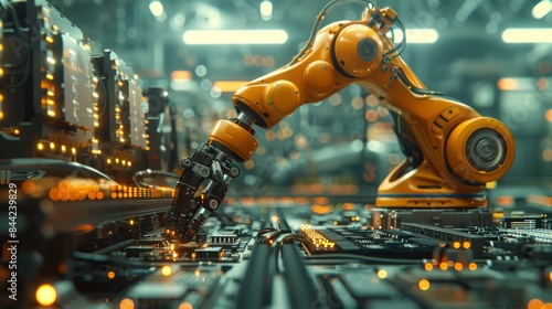 A robotic arm working on a complex circuit board in a futuristic factory setting. photo