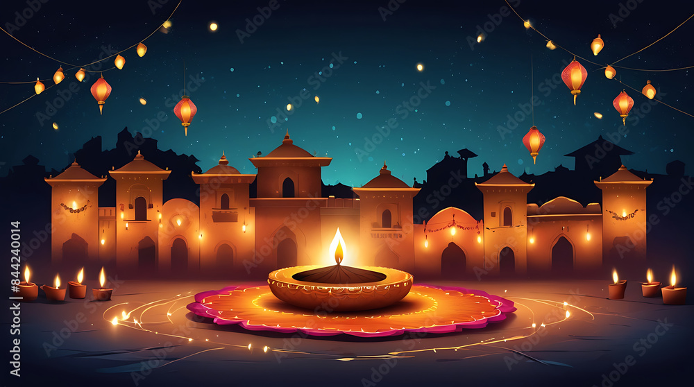 Abstract illustration of Diwali night with crackers and beautiful diwali lights and lanterns on the background of an old village
Abstract illustration of Diwali night with crackers and beautiful diwali lights and lanterns on the background of an old village