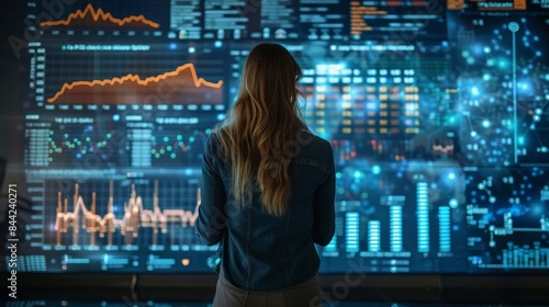 A woman stands in front of a large screen displaying complex data visualizations, analyzing trends and insights.