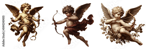 vintage romantic illustration of a cherub or cupid with bow and arrow isolated on a transparent background, generative ai	
 photo