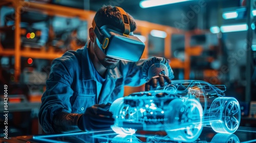 A worker wearing VR goggles interacts with a digital car model in a futuristic workshop.