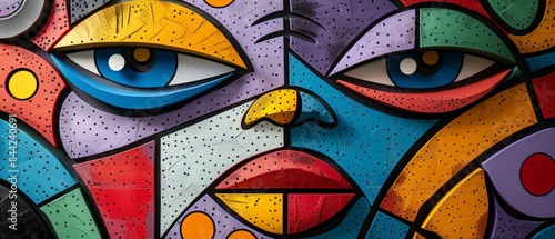 Abstract colorful face with vibrant geometric patterns.