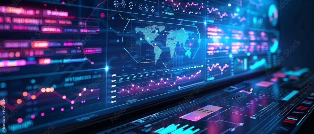 Abstract digital screen with world map and data visualization. Abstract digital screen with world map and data visualization.