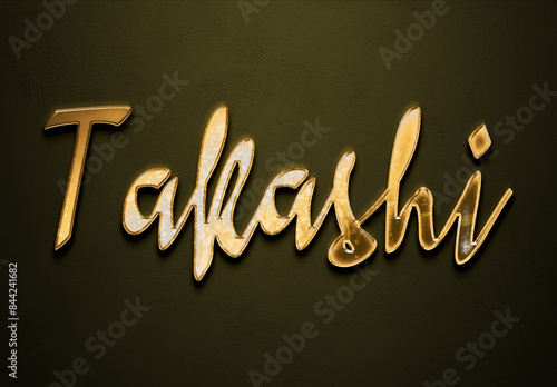 Old gold text effect of name Takashi with 3D glossy style Mockup. photo