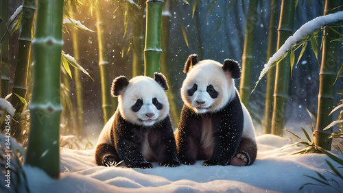 Panda lover in winter bamboo forest.
 photo