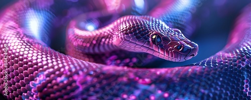 A purple snake with a blue head is curled up on the ground