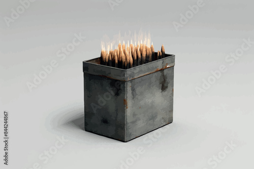 old rusty metal chest with flame tails escaping out of cover against the black background