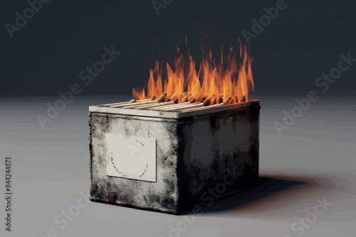 old rusty metal chest with flame tails escaping out of cover against the black background