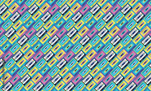 Vintage 80s cassette tape pixel seamless pattern
