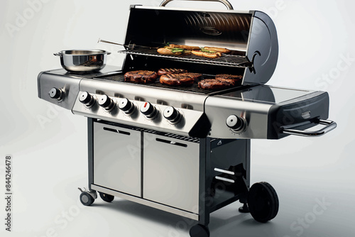 A very detailed illustration of a four burner gas barbecue.