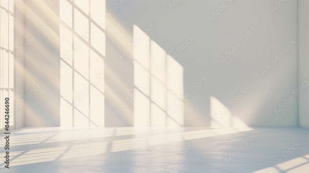 Minimalist studio background with a white wall and sunrays streaming in, rendered in 3D with Unreal Engine for a hyper-realistic look Minimalist studio background with a white wall and sunrays streaming in, rendered in 3D with Unreal Engine for a hyper-realistic look