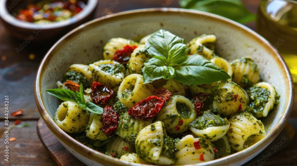 Lumaconi pasta with pesto sauce vegetables and sundried tomatoes a traditional Italian dish Lumaconi pasta with pesto sauce vegetables and sundried tomatoes a traditional Italian dish