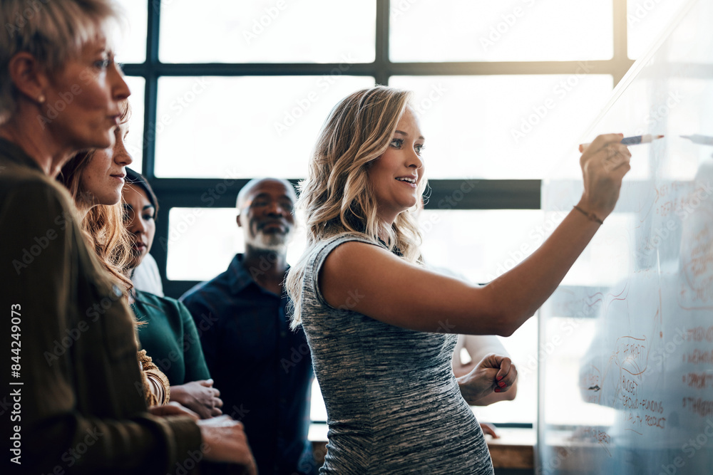 © NonVig/peopleimages.com - Presentation, training and meeting with business woman and whiteboard for research, growth or project management. Idea, strategy and discussion for startup employees in office for brainstorming chart