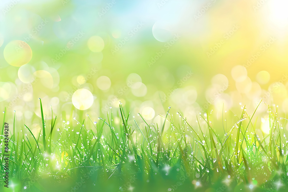 Fototapeta premium A vibrant field of green grass with bokeh lights, creating a soft and dreamy atmosphere. The background fades into a warm yellow and blue sky.