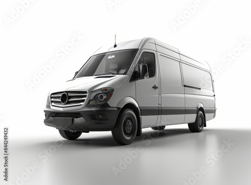 A white delivery van parked in a dimly lit room.