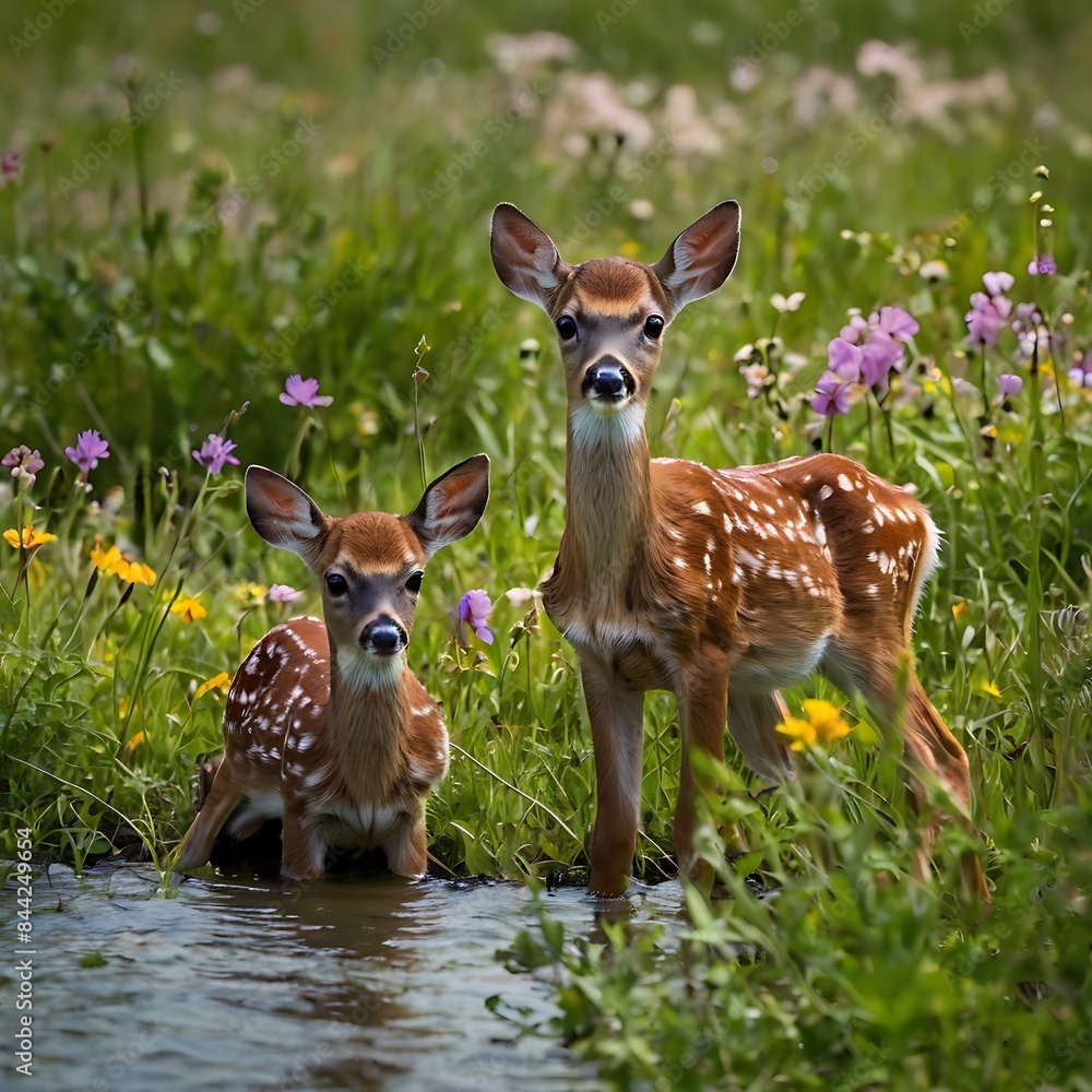 Twin baby fawns in a wildflower meadow next to water Twin baby fawns in a wildflower meadow next to water